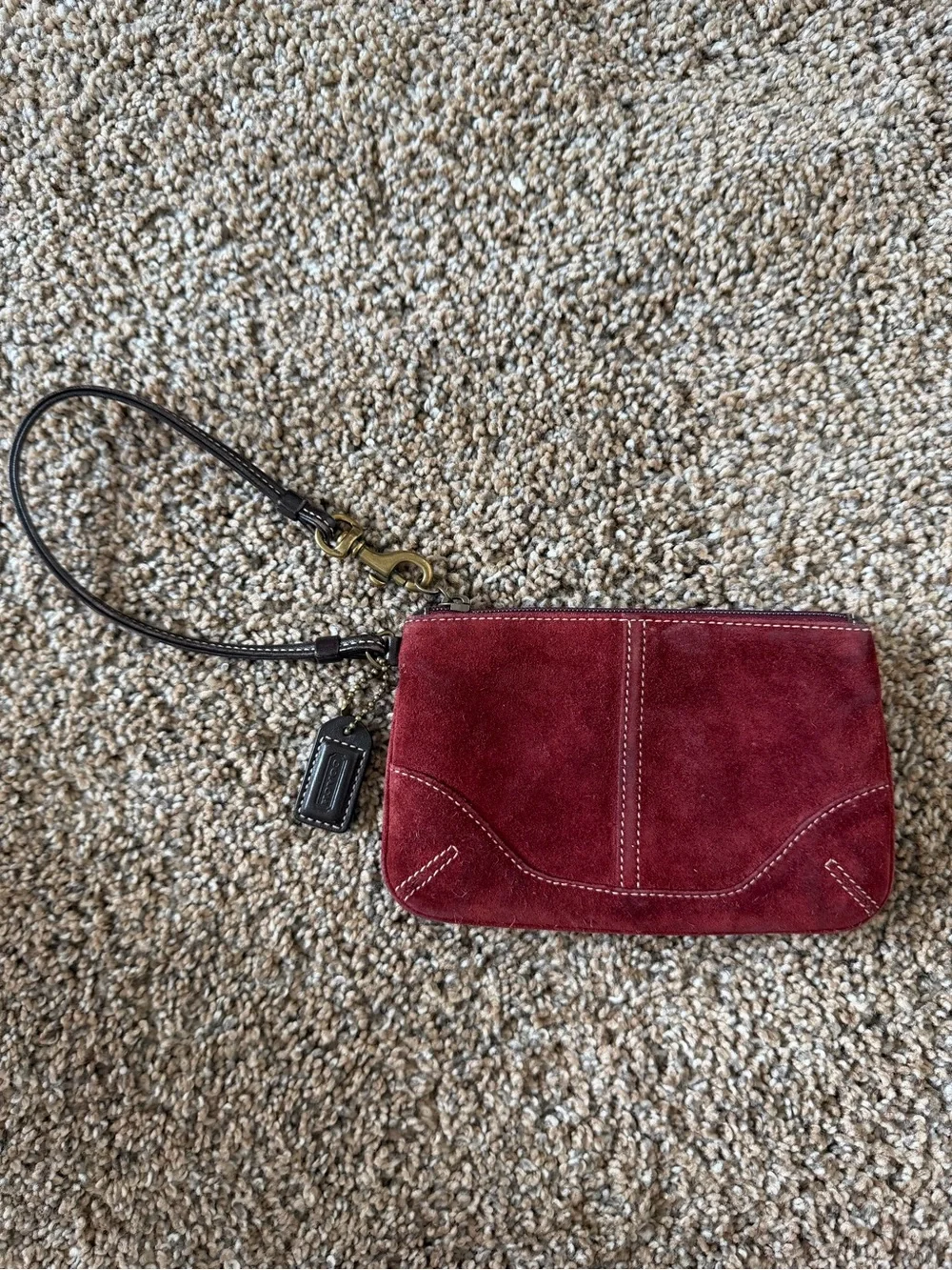 COACH Vintage Stitched Suede Burgundy Red Zip Wristlet Wallet